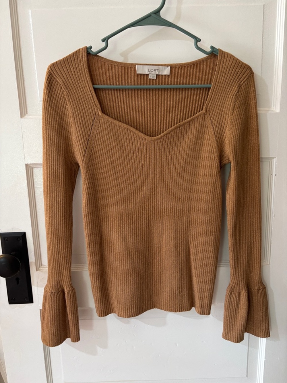 LOFT Camel Ribbed Bell-Sleeve Square-Neck Sweater - Dressy Sweater